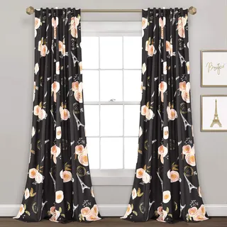 Lush Decor Fenstervorhang, Vintage-Stil, Paris, Rose, Schmetterling, 2-teilig, lang, Polyester, 213,4 x 132,1 cm, Schwarz