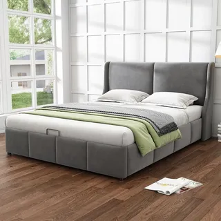 MODFU Boxspringbett Hydraulisches 160 x 200 cm mit Lattenrost, Polsterbett Funktionelles Doppelbett Stauraumbett mit Bettkasten Stauraum, Samt Grau... - Grau