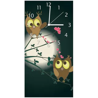 Wallario Wanduhr Süße verliebte Eulen auf dem Ast bei Nacht im Mondschein (Uhr aus Acryl) schwarz