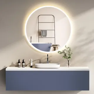 HOKO LED-Badspiegel rund 60 cm, weißer Rahmen & Anti-Beschlag, Getafe | Wandspiegel mit Touch-Schalter, Memory-Funktion und Lichtfarbe 2700–6500 K für Bad, Gäste-WC und Waschtisch, IP44