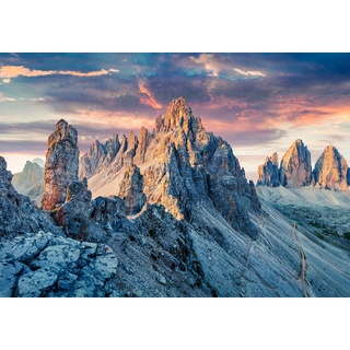 wandmotiv24 Fototapete Gebirge in der Dolomiten, Südtirol, XL 350 x 245 cm - 7 Teile, Wanddeko, Wandbild, Wandtapete, Felsen, Sonnenuntergang, Berge M5747