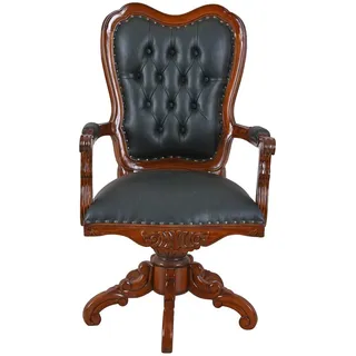Englischer Chesterfield Sessel – Antik Mahagoni-Drehsessel (118×60×53 cm) mit Kunstlederbezug & Schnitzereien, Nostalgischer Bibliothekstuhl im Vintage-Stil mar149 Palazzo Exklusiv