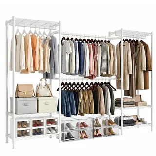 Mondeer Kleiderständer mit Teleskopstangen , 6 Ablagen, 4 Kleiderstangen, bis 70 kg pro Ebene, 40 x (183–234,5 cm) x 180cm Weiß - Weiß