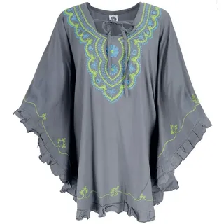 Guru-Shop Longbluse Bestickter Hippie Poncho, Tunika, Kaftan,.. alternative Bekleidung grau
