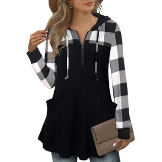 Gaharu Damen Hooded Pullover Reißverschluss Langarm Freizeit Vintage Farbblock Pulli Herbst Winter Damenhoodie Strickpullover Reißverschluss Langarmshirts Dünne Locker Outwear Weiß Kariert,XL - XL