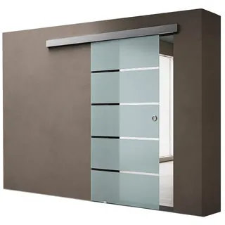 doporro Glasschiebetür komplettset Softclose 102,5 x 215cm Schiebetür mit ESG 25mm Wandabstand Zimmertür 5-Milchglas-Streifen mit Muschelgriff - Transparent/milchig