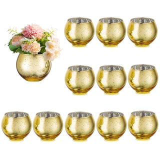 Hewory Vase Gold Kugelvase Glasvase Rund Kleine Vasen für Tischdeko, Goldene Vase Glas Blumenvase Modern Vasen Deko Gold Teelichthalter Glas Kerzenhalter Teelichtgläser Windlicht für Wohnzimmer
