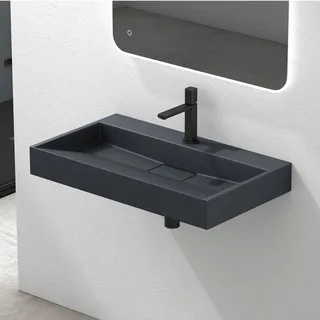 Mai & Mai Waschbecken Matt Anthrazit Aufsatzwaschbecken Hängewaschbecken Hängewaschtisch inkl. Ablaufgarnitur Mineralguss Rechteckig Waschplatz 1 Armaturenloch Breite: 70cm