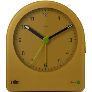 Braun Klassischer analoger Wecker mit Schlummerfunktion und kontinuierlicher Hintergrundbeleuchtung,leisem Quarzwerk, anschwellendem Alarm-Piepton in Gelb, Modell BC22Y