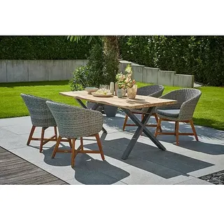 Sunfun Pauline Gartenmöbel-Set  (6 -tlg., Baumkante/X-Gestell, Teak/Edelstahl/Akazie, Teak/Grau/Braun)
