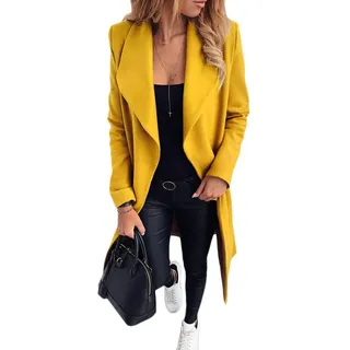 ORANDESIGNE Damen Winter Mantel Blazer Wollmantel Slim Fit Business Trenchcoat Lang Warme GroßE GrößEn Einfarbig üBergangsjacke Jacke mit Gürtel Gelb 40 - 40
