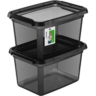 PAFEN 2X Aufbewahrungsbox mit Deckel 15L - 38 x 28,5 x 22 cm - Boxen Aufbewahrung Stapelboxen mit Verschlussclips Kunststoffbehälter Kleiderboxen Transparent Organizer | Schwarz