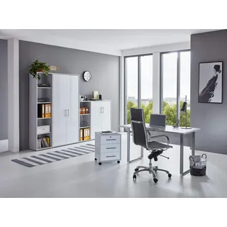 BMG-Moebel.de Büromöbel komplett Set Arbeitszimmer Office Edition MINI in Lichtgrau/Weiß Hochglanz (Set 4)