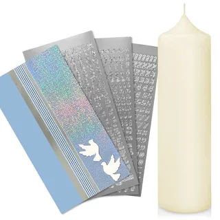 WIKAKERZEN Taufkerze selber Machen Set mit Kerzen-Rohling Buchstaben und Wachsplatten mit Wachsmotiven | Jetzt Größe und Farben Wählen (Kerze 25x7 cm | Creme, Blau mit Taube)