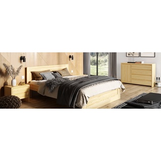 JVmoebel Schlafzimmer-Set, Schlafzimmer 3tlg. Set Echtes Holz Bett mit 2x Nachttische 180x200cm Massivholz beige