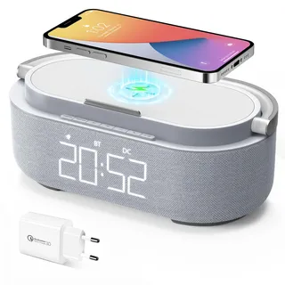 COLSUR Radiowecker Digital mit Wireless Charger, Bluetooth Lautsprecher mit USB-Ladegerät, Smart Wecker Schlummerfunktion Induktive Ladestation, Nachtlampe, Dimmbares LED-Display und Batterie