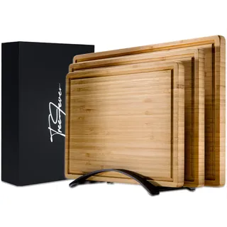 TreeFever Bambus Schneidebrett Set, 3er-Holz Schneidebrett Set mit Ständer aus elegantem Aluminium zum Trocknen, Küchenbrett-Schneidebretter Set, Gastro Schneidebrett mit Saftrille, Geschenk (Schwarz)