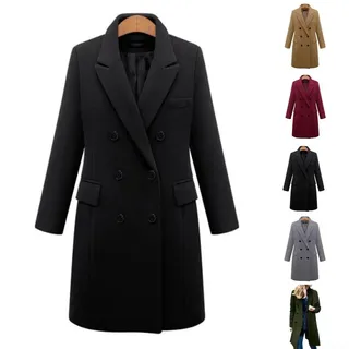 Wollmantel für Damen, zweireihig, lange Ärmel, klassische Trench-Oberbekleidung, geeignet für mehrere Jahreszeiten (M Grau)