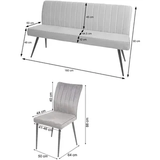 Mendler Esszimmer-Set HWC-K16, 2er-Set Stuhl+Sitzbank Esszimmergruppe Sitzgruppe Esszimmergarnitur, Samt Metall - hellgrau