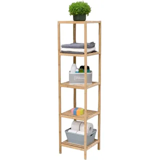 Alpina Badregal - Badezimmer Regal aus Bambus – Schmales Küchenregal mit 5 Lattenboden – Regale mit Lackiertes Bambusholz und Rutschfesten Füßen – 33 x 32 x 141 cm