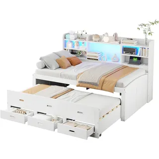 STILVORA Schlafsofa 90x200cm mit LED-Fernbedienung, 3 Schubladen, Nachttischablage, Multifunktionales Tagesbett in Weiß