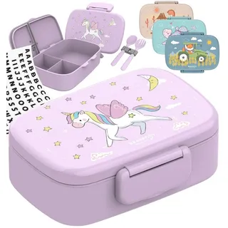 BEARFOOT Lunchbox Brotdose Kinder mit Fächern, leicht & auslaufsicher- Einhorn, Kindergarten und Schule - Mädchen und Jungen, Vesperbox, Snackbox lila
