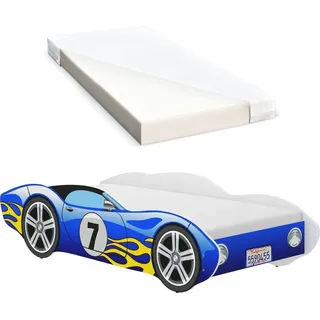 iGLOBAL Kinderbett Autobett Cars Bett Jugendbett Juniorbett Bett mit Lattenrost Stellage Schaumstoffmatratze Blau 140 x 70 cm - Blau