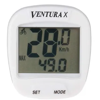 Ventura X Fahrrad Computer, Fahrradtacho, mit Kabel, 10 Funktionen, spritzwassergeschützt, Stopuhr, Kilomteranzeige, weiß