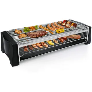 Tischgrill Elektrisch, Elektrogrill Doppelschicht, 2200W Elektro Grill Smokeless BBQ Grill für Balkon Indoor Party, Grillnetz aus Edelstahl, Schwarz