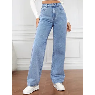 ZWY Gerade Jeans Straight-Jeans Damen Hoher Taille Jeanshosen, Workerjeans (1-tlg., Wide Leg Schlaghose Baggy Cargo Pants, Blau (1-tlg) XL