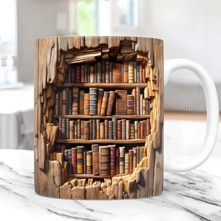 3D Buch Tasse Glas,Buchtasse,Painted Book Mug,Bibliothek Bücherregal Tasse,TBook Lover Mug Lustige Kaffeetassen Keramikbecher für Geschenke (8)