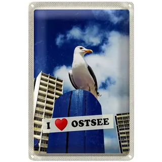 Roomando Metallschild Reise 30x40cm Ostsee Möwen Hochhaus Strand Urlaub 30x40