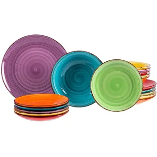 MamboCat 18tlg. Teller-Set uni bunt | Edles Steingut-Geschirr | Speiseteller + Suppenteller 750 ml + Kuchenteller | 6 Farben | mediterran