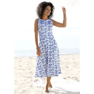 Midikleid BEACHTIME Gr. 40, N-Gr, blau (blau, creme, bedruckt) Damen Kleider Strandkleider mit Blumendruck, aus Jersey, A-Linien-Kleid Bestseller
