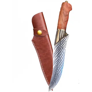 oFzimTo Profi Kochmesser Küchenmesser Scharf 22cm+12cm Handgeschmiedetes Ausbeinmesser mit Lederscheide und Ergonomischem Griff, 7CR17Mov-Kohlenstoffstahl (Feather-01)