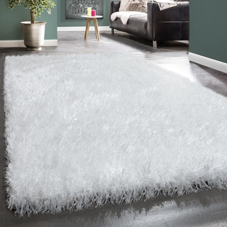 Paco Home Hochflor Teppich Wohnzimmer Shaggy Langflor Soft Garn Modern Einfarbig Weiß, Grösse:80x300 cm