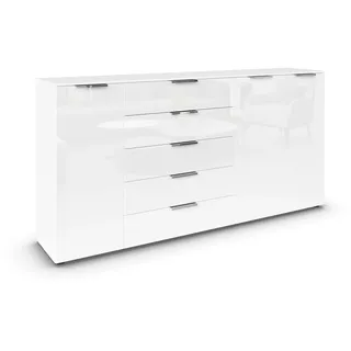 Rauch Möbel Flipp, Kommode, Farbe Glas Weiß, Breite 199 cm | Sideboard, 3-türig, 5 Schubladen, Glasfront, Soft-Close-Funktion, für Schlafzimmer, Gästezimmer, Wohnzimmer, Garderobe, Flur