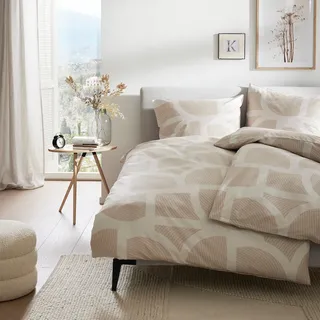 Bugatti Bettwäsche 155x220 cm - 100% Baumwolle, Reißverschluss, anschmiegsam, weich & waschbar, Satinbettwäsche beige grafisches Muster
