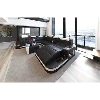 Sofa Dreams Wohnlandschaft Leder Sofa Ledercouch Wave XXL Ledersofa, Couch, mit ergonomischen Ottomane und LED Beleuchtung schwarz