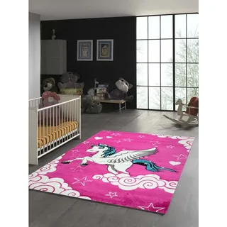 TeppichHome24 Kinderteppich Kinderteppich Einhorn mit Pink Creme Türkis, Rund, Höhe: 1.3 mm weiß Rund | 120 cm x 120 cm x 1.3 mm