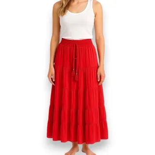 Sommerrock Damen lang – Stufenrock aus 100 % Viskose – luftig, leicht & weich – A-Linie Maxirock – Einheitsgröße (S-L) – Boho Style – elastischer Bund mit Kordel – Made in Italy - Einheitsgröße