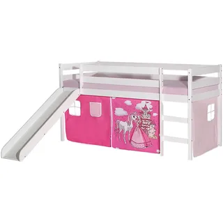 Hochbett mit Rutsche weiß mit Vorhang PRINZESSIN in rosa/pink