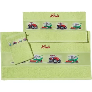 Erwin Müller Kinder Handtuch-Set, Frottier-Set mit Namen, Traktor grün Größe 70x110 cm + 50x70 cm + 15x21 cm - 1 Handtuch, 1 Badetuch, 1 Waschhandschuh - kuschelig weich, saugstark