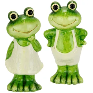 Deko Garten Figur Frosch 2er Set 13cm Terrakotta Grün mit Kleid und Hose Dekofigur Märchenfrosch Gartendeko Tierfigur für Frühling Sommer Herbst Statue Gartenfigur