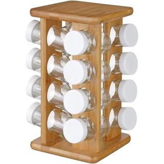 Avilia Gewürzregal für die Küche mit 16 Gläsern – Display für Gewürze und Kräuter – Gewürzregal auf drehbarem Sockel – Pfefferbehälter – Bambus – 17 x 17 x 28 cm