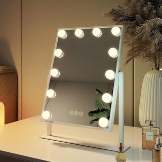 EMKE Hollywood Spiegel Schminkspiegel mit Beleuchtung, 360° Grad Spiegel für schminktisch mit 3 Lichtfarben dimmbar, Speicherfunktion, 12 LED Lampen schminktisch Spiegel 30x41 cm (Weiß)