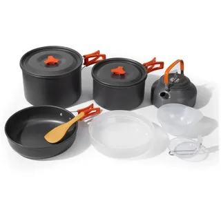 GLIESE Topf-Set Tragbares Camping-Kochgeschirr-Set, Aluminium (Set, 13-tlg., Topf/Kaffeekanne/Bratpfann/Esslöffel/Reisöffel/Plastikschüsseln), für Wanderungen, Camping oder Picknicks.