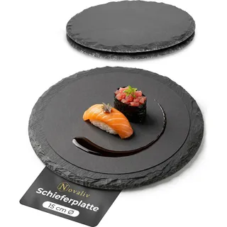 Novaliv 3x Schieferplatten I rund I 15x0,5 cm I Sushi Platte Steinteller Schieferplatten Set Schiefer Servierplatten schmall Kerzen Teller