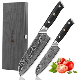 Wakoli Messer-Set Nitoko 2er Set Damast Profi Santoku Küchenmesser Full Tang G10 Griff (Damastmesser-Set in Holz-Geschenkbox, 2-tlg., 2er Damastmesser-Set), aus 67 Lagen Damaststahl, VG10, Full Tang schwarz|silberfarben