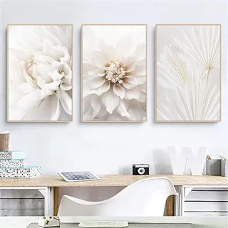 AQCQDQ 3er Beige Poster Set, Boho Weiße Blumenbilder, Modern Premium Beige Wandbilder, Natur Leinwandbilder für Wohnzimmer Schlafzimmer – Ohne Rahmen (30x40 cm,A)